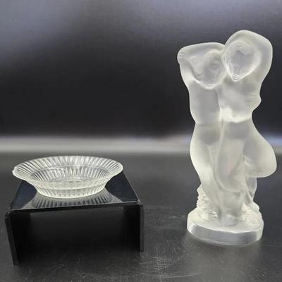 Lalique France Crystal – "Le Faune" Pan & Diana Figurine & "Bourgueil" Dish
