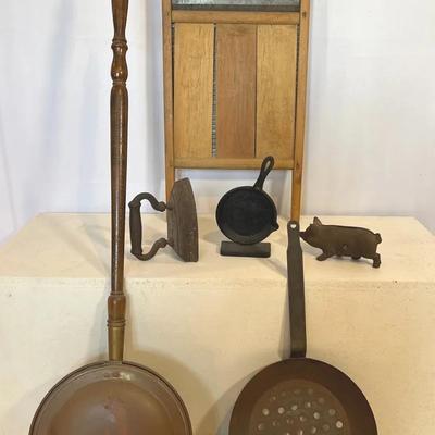 Vintage & Antique Kitchenware Lot – Washboard, Cast Iron, Copper/Brass Pieces