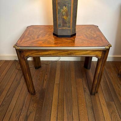 Inlaid Wood Console / Side Table with Brass Accents, Approx. 20" x 30"