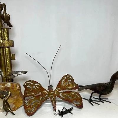 Mixed Metal Folk Art Sculpture Lot – Birds, Butterfly & Cricket, 1960s–1990s