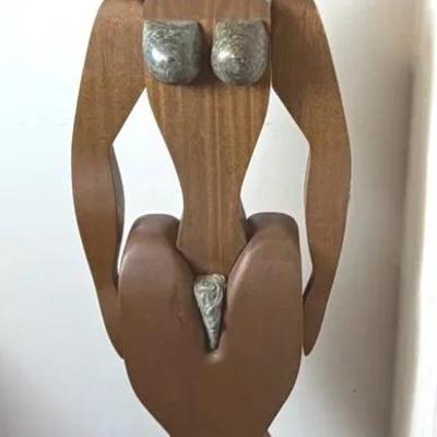 Hand-Carved Wooden & Stone Female Sculpture – Approx. 60” Tall