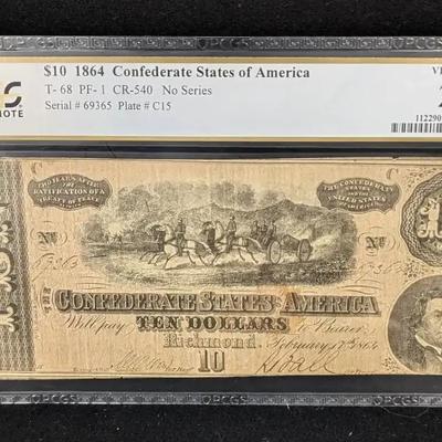 1864 $10 Confederate Note VF-20 PCGS