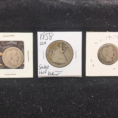 2 Silver Barber Quarters & 1858 Seated Liberty Silver Half Dollar