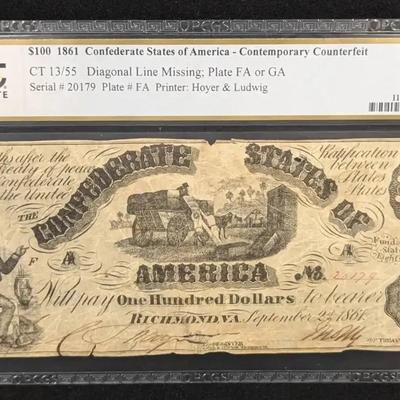 1861 $100 Confederate Note PCGS F-15