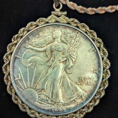 1992 Silver 1oz Eagle in Sterling Silver Chain/Pendant Bezel, 51+ Grams