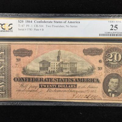 1864 $20 Confederate Note PCGS VF-25