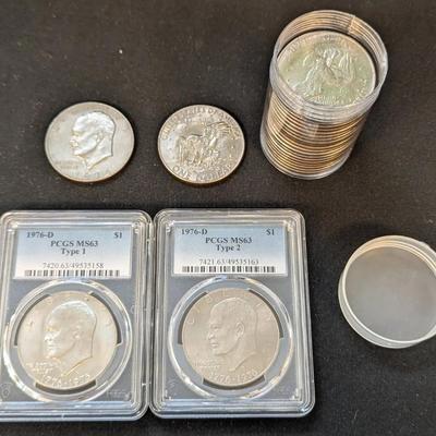 1976-D $1 Eisenhower Type 1 & Type 2 PCGS-MS-63 & 1 Roll of 20 Eisenhower Dollars