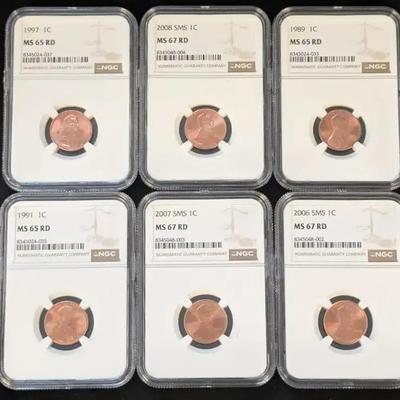 NGC Lincoln Cents: 2006, 2007, 2008 MS-67 RD SMS & 1989, 1991, & 1997 MS-65 Red