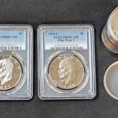 1976-S, 1977-S PCGS Proof PR-69 Eisenhower Dollars & Roll of 20 Ikes