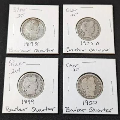 4 Barber Silver Quarters 