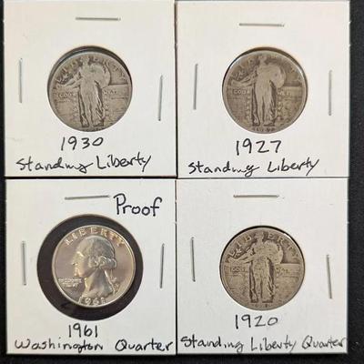3 Silver Standing Liberty Quarters & 1961 Silver Proof Washington Quarter