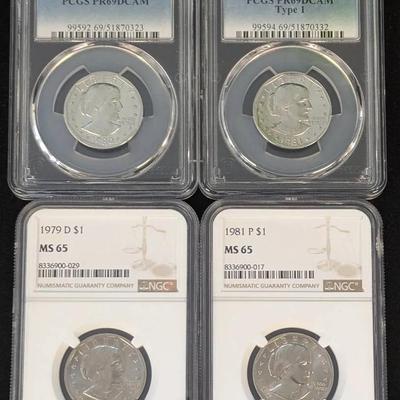 NGC & PCGS Graded 1979-D, 1981-P $1 Susan B Anthony MS-65, & 1980-S, 1981-S PR-69 DCAM