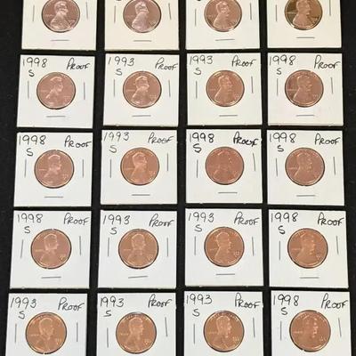 10 1993-S Proof Lincoln Cents & 1998-S Lincoln Cents