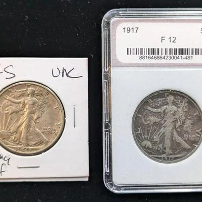 1917-P & 1943-S UNC Walking Liberty Silver Half Dollars