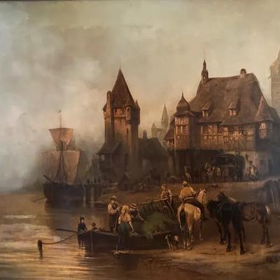 Antique “A Lively Scene in the Harbor”, Wilhelm Alexander, Oil on Canvas | Framed | Unsigned
