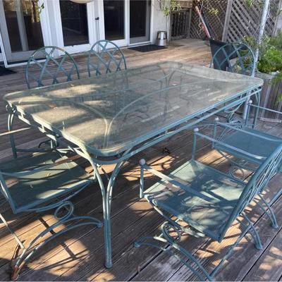 Vintage Green Metal Patio Table and 6 Chairs 