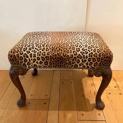 French Provincial Style Walnut Surrey Bench with COA | Animal Print Upholstery | Vintage