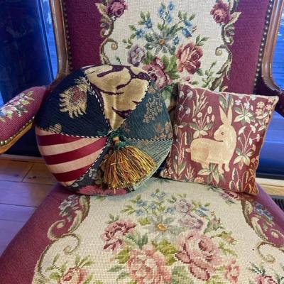 French Louis XV Style Needlepoint Armchair and Throw Pillows