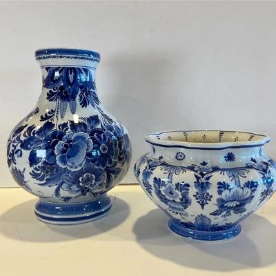 Delft, Holland Porcelain Vase and Cache Flower Pot, 2 Large Pieces