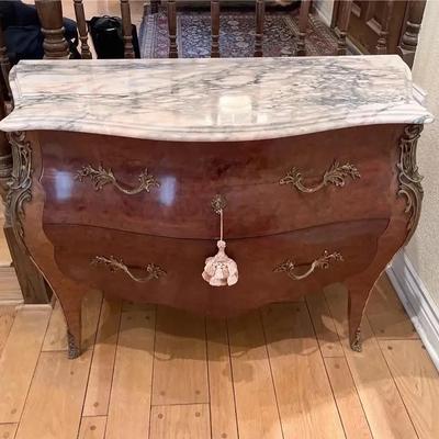 Antique French Louis XV-Style Marquetry Bombe Commode, Marble Top and Metal Mounts