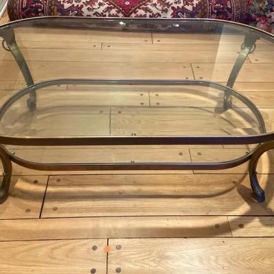 Vintage Beveled Glass Top Brass Metal Coffee Table, Vintage