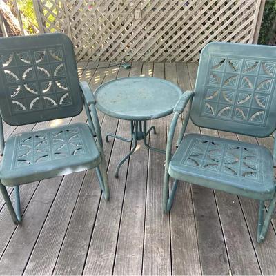 Vintage Teal Metal Patio Chairs and Table