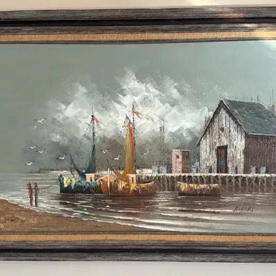 Signed Oil Painting of Boats and Dock by Robert