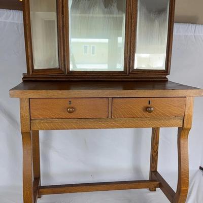 Antique Quarter Sawn Oak Vanity with Tri-Fold Mirror 