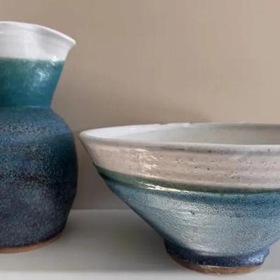 Pottery Pitcher and Bowl Set, Blue/Green Glaze