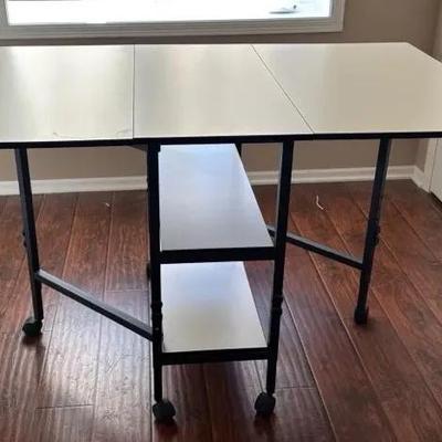 Folding Sewing Table with Wheels and Storage Shelves 