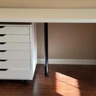 White Sewing Desk with Two Storage Drawer Cabinets 