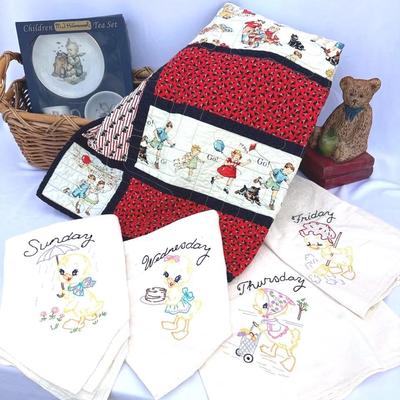 Vintage Linens, Embroidered Tea Towels, M. J. Hummel Tea Set