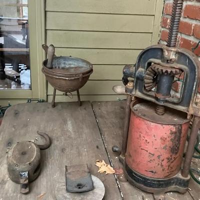 Antique Fruit Press, Hand-Crank Food Mill, and Tools