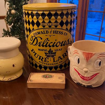 Vintage Yellow Chef & Oscar the Doughboy (No Lid) Cookie Jars, Metal Tin, & Yardley Lavendomeal Box 