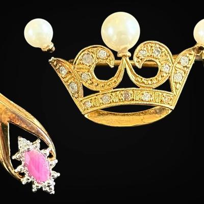 Gold Crown Brooch & Pink Stone Pendant w/ Diamond Accent