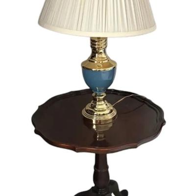 Wooden Pie Crust Side Table W/ Blue & Gold Lamp