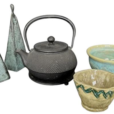 Female Triangular Sculptures, Pottery, & Cast Iron Teapot 