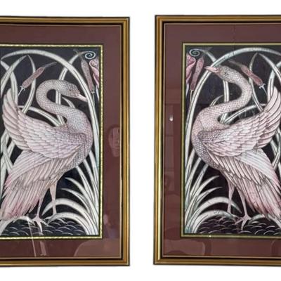 Pair of Framed Swan Prints With Gold Details (26” x 41”)