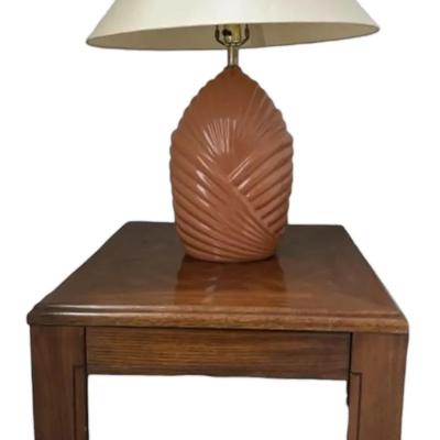 Wooden Square End Table With Art Deco Style Lamp 