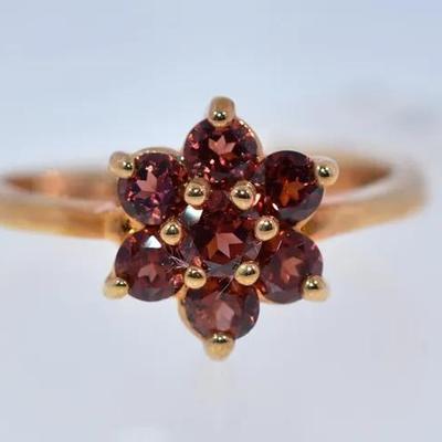 Brand New Round Garnet Floral Gold-Tone Ring