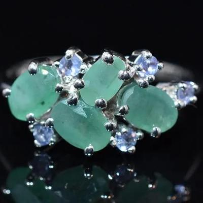 Natural Unheated Oval Emerald & Tanzanite Sterling Silver Ring