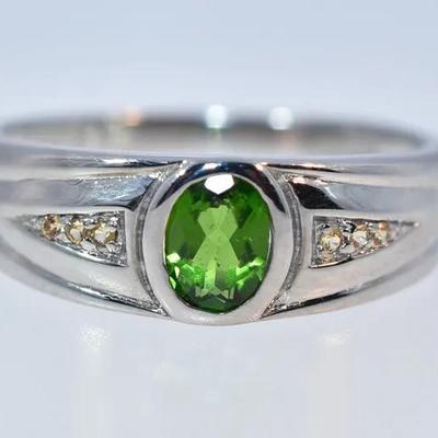 Natural Unheated Oval Chrome Diopside & Yellow Sapphire Sterling Silver Ring