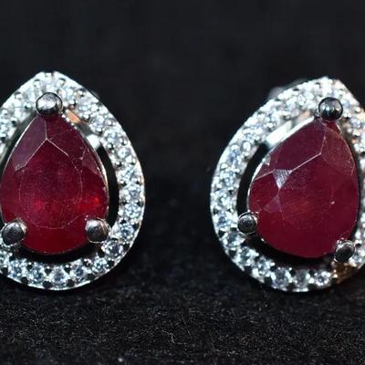 3.5 TCW Pear Ruby Sterling Silver Stud Halo Earrings