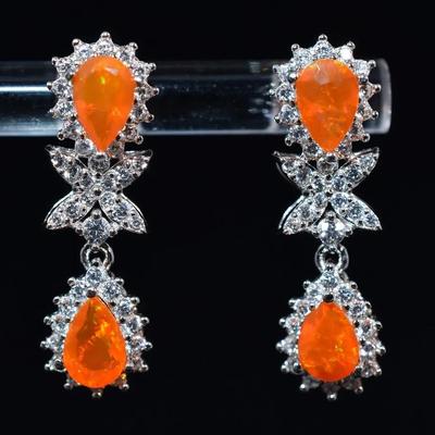 Natural Pear Orange Opal Sterling Silver Dangle Earrings