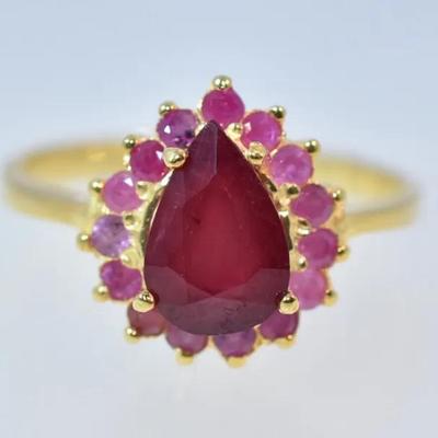 2.1 Carat Pear Ruby Sterling Silver Gold Vermeil Halo Ring
