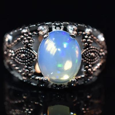 Oval Fire Opal Cabochon Sterling Silver Rose Vermeil Ring