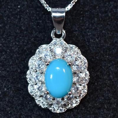 Natural Oval Turquoise Cabochon Sterling Silver Pendant