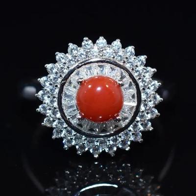Natural Round Coral Cabochon Sterling Silver Halo Ring