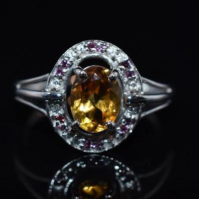 1.2 Carat Natural Unheated Oval Citrine & Sapphire Sterling Silver Ring