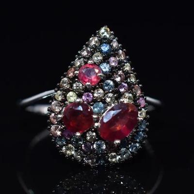 Tri Ruby & Colored Pavé Sapphire Sterling Silver Pear Ring